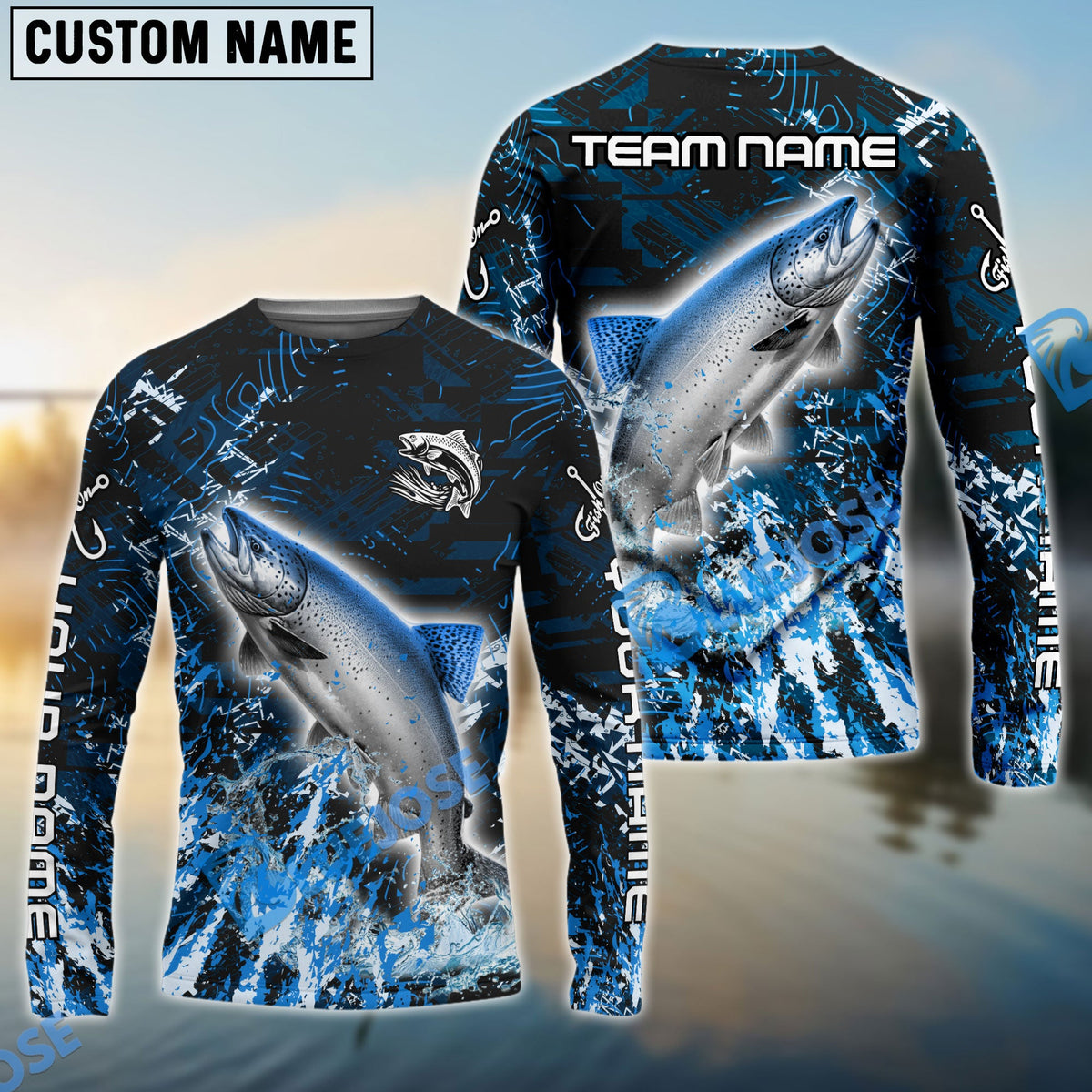 Bluejose Salmon Fishing Dark Grunge Blue Custom Name &amp; Team Name 3D Shirts
