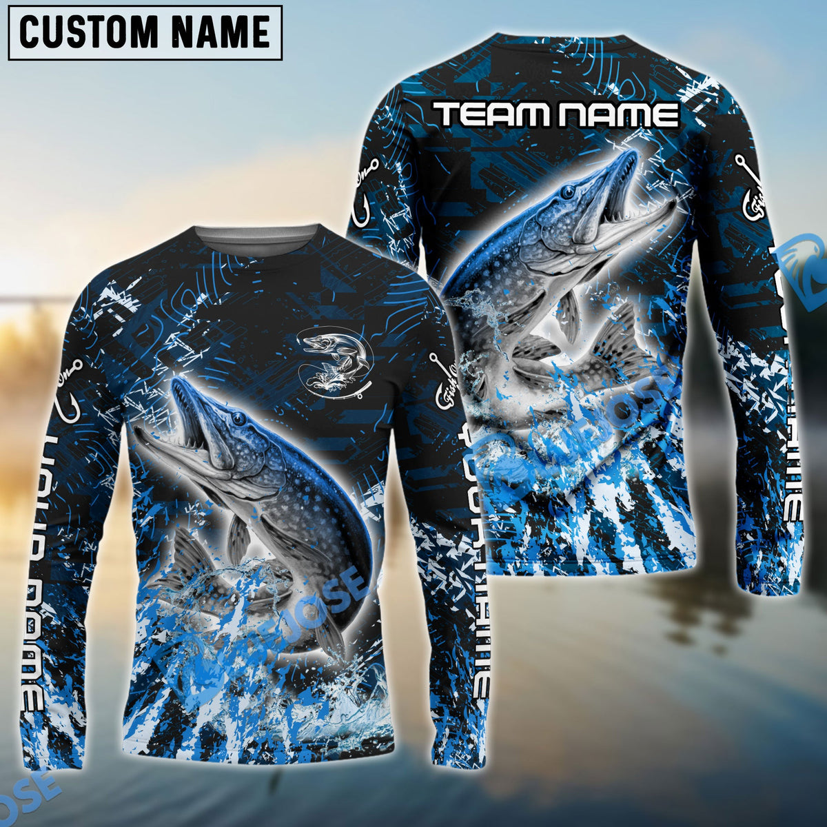 Bluejose Pike Fishing Dark Grunge Blue Custom Name &amp; Team Name 3D Shirts