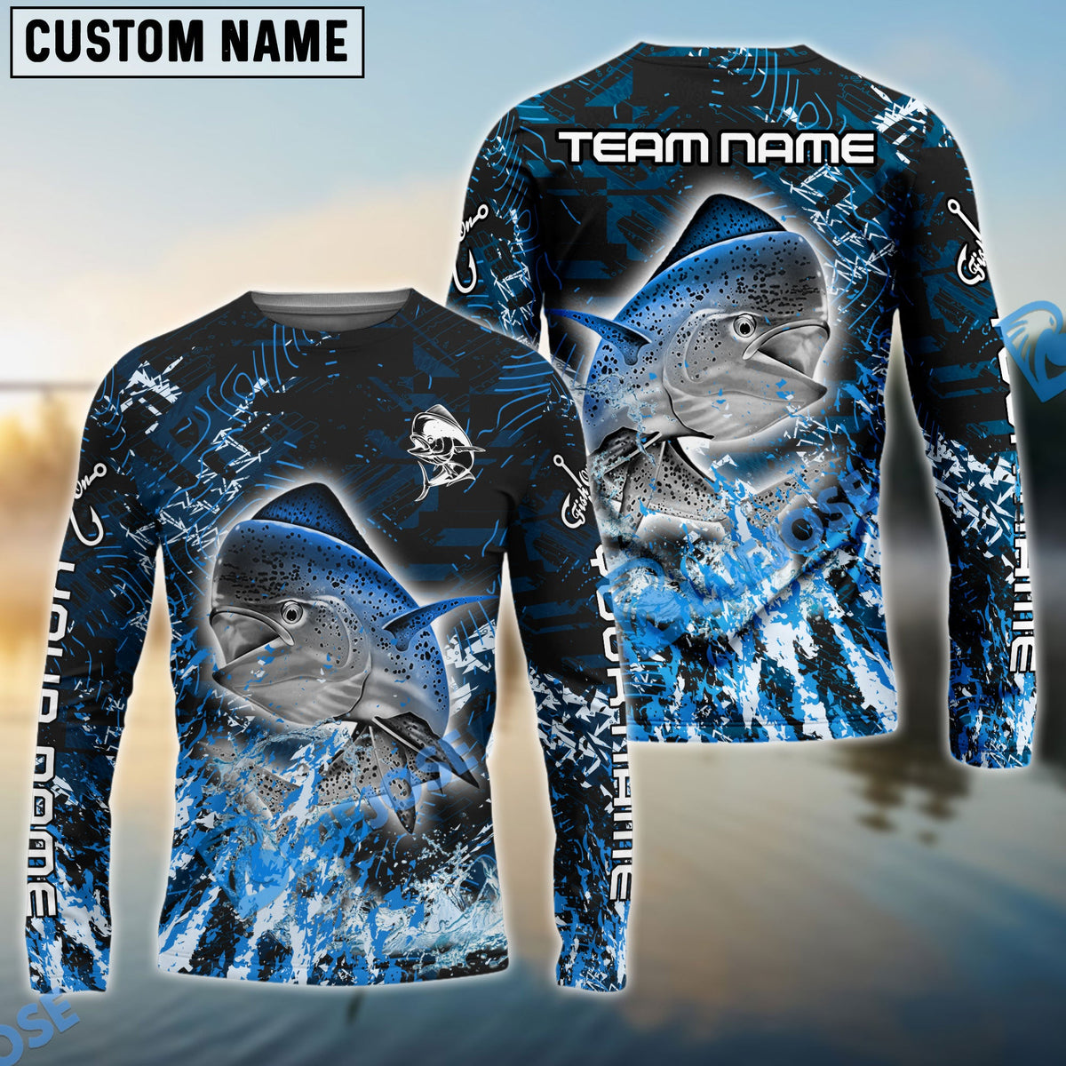 Bluejose Mahi mahi Fishing Dark Grunge Blue Custom Name &amp; Team Name 3D Shirts