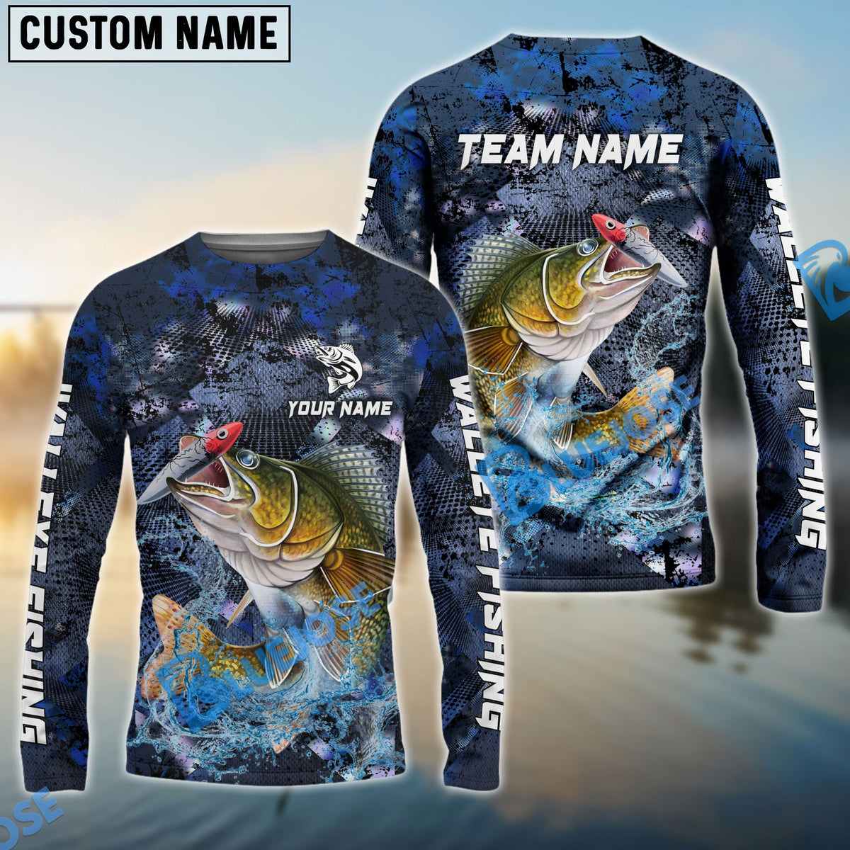 Bluejose Walleye Fishing Dark Blue Camouflage Custom Name &amp; Team Name 3D Shirts