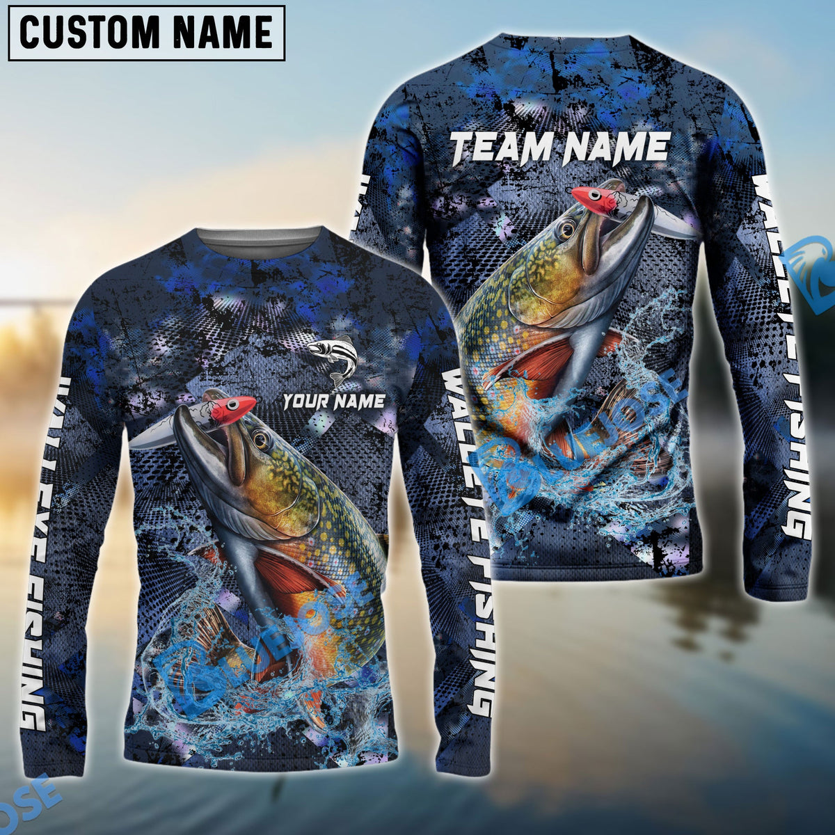 Bluejose Trout Fishing Dark Blue Camouflage Custom Name &amp; Team Name 3D Shirts
