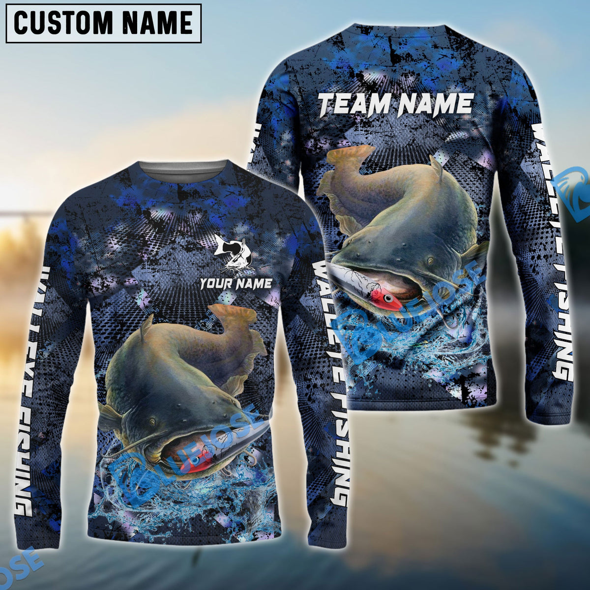 Bluejose Catfish Fishing Dark Blue Camouflage Custom Name &amp; Team Name 3D Shirts