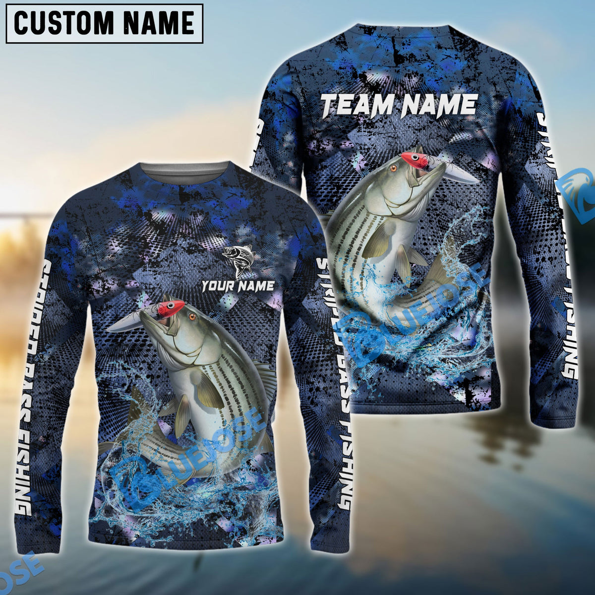 Bluejose Striped Bass Fishing Dark Blue Camouflage Custom Name &amp; Team Name 3D Shirts