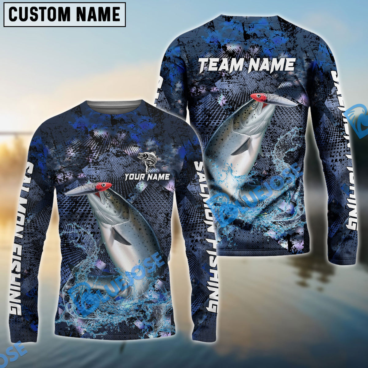 Bluejose Salmon Fishing Dark Blue Camouflage Custom Name &amp; Team Name 3D Shirts