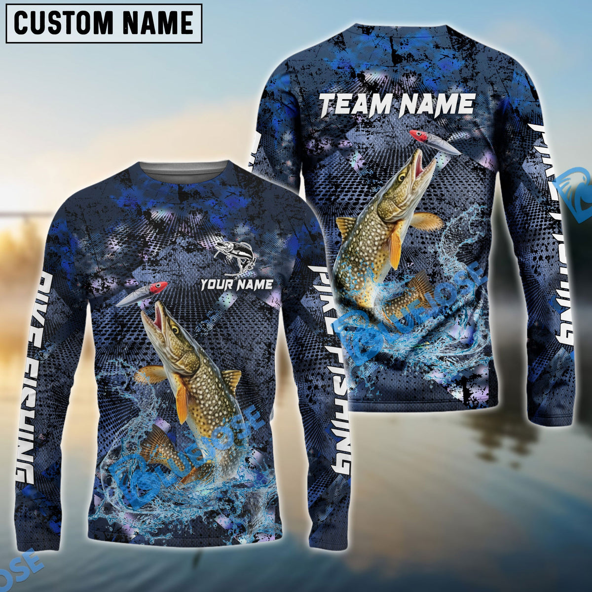 Bluejose Pike Fishing Dark Blue Camouflage Custom Name &amp; Team Name 3D Shirts
