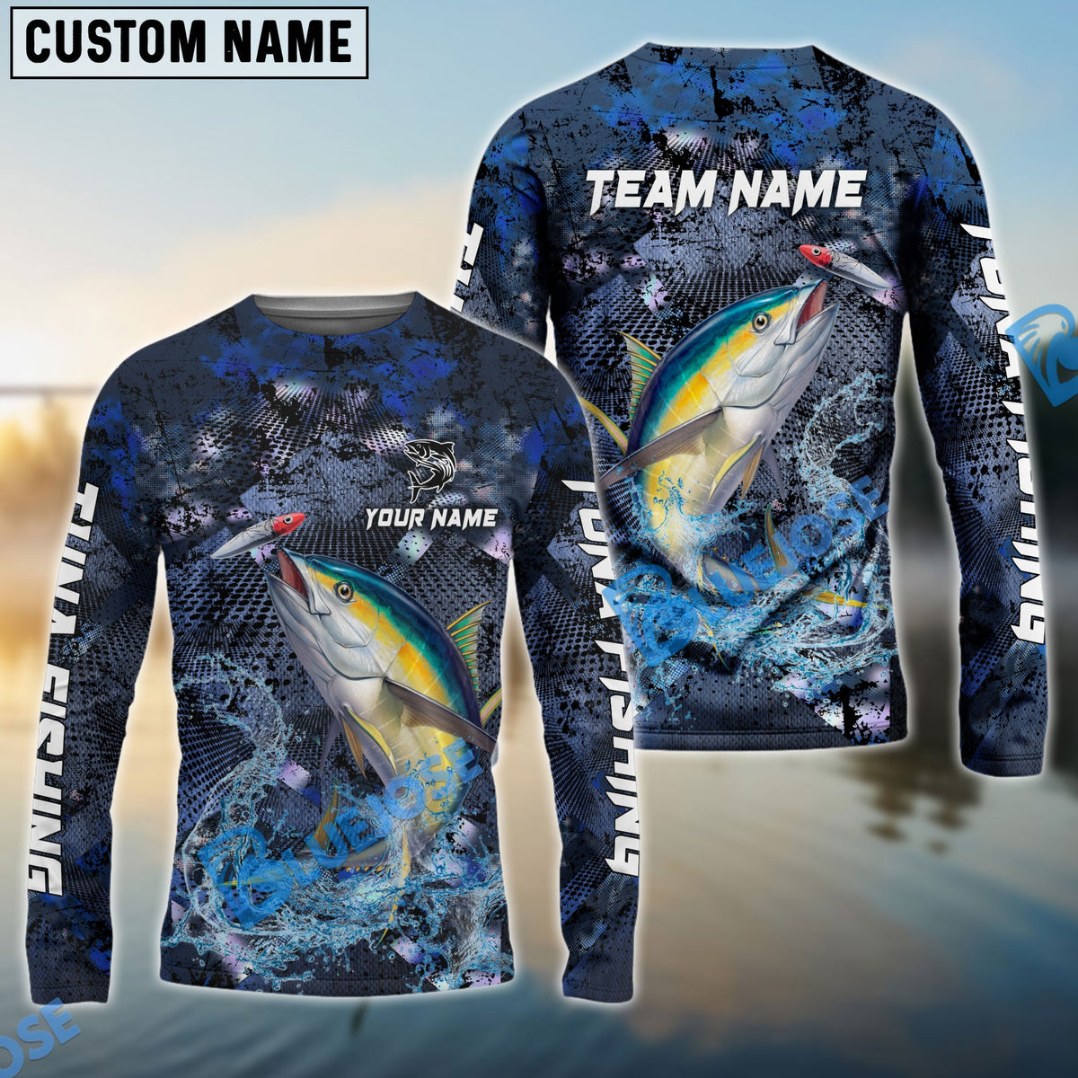 Bluejose Tuna Fishing Dark Blue Camouflage Custom Name &amp; Team Name 3D Shirts