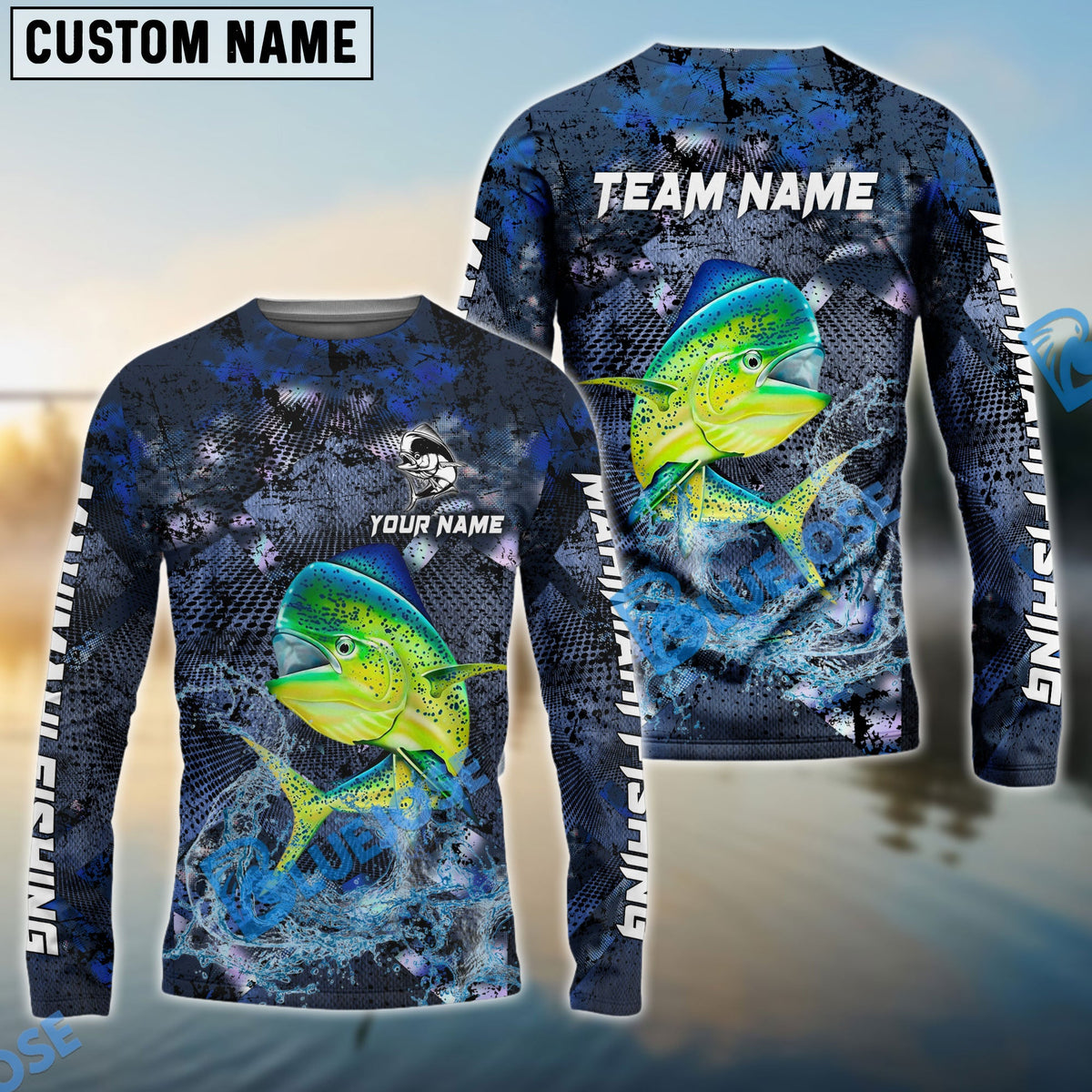 Bluejose Mahi mahi Fishing Dark Blue Camouflage Custom Name &amp; Team Name 3D Shirts