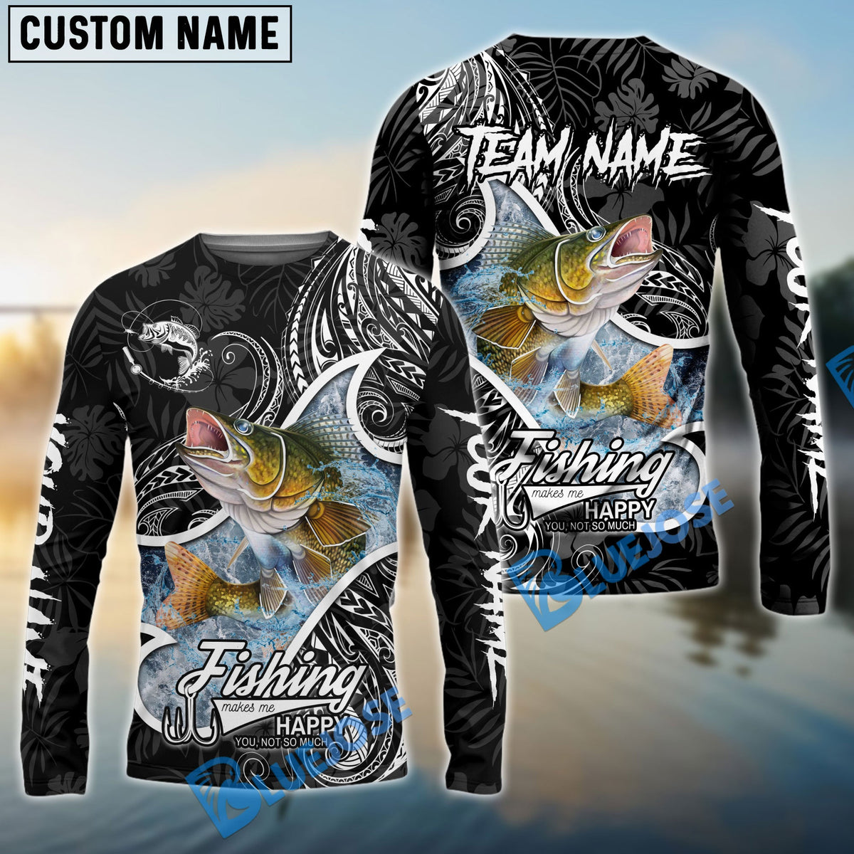 Bluejose Walleye Fishing Black White Maori Custom Name &amp; Team Name 3D Shirts