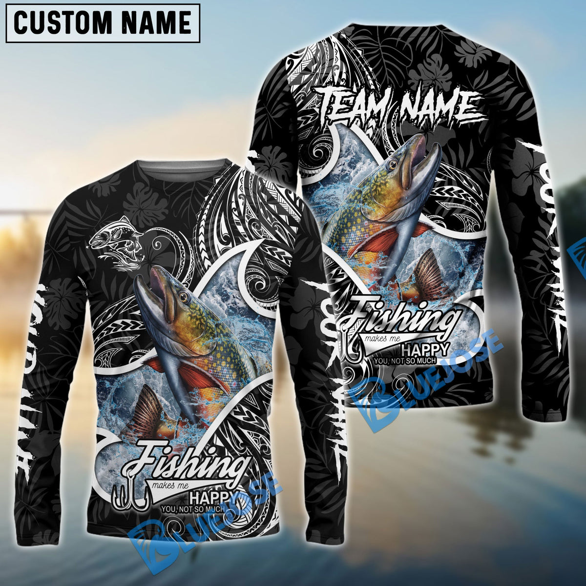 Bluejose Trout Fishing Black White Maori Custom Name &amp; Team Name 3D Shirts