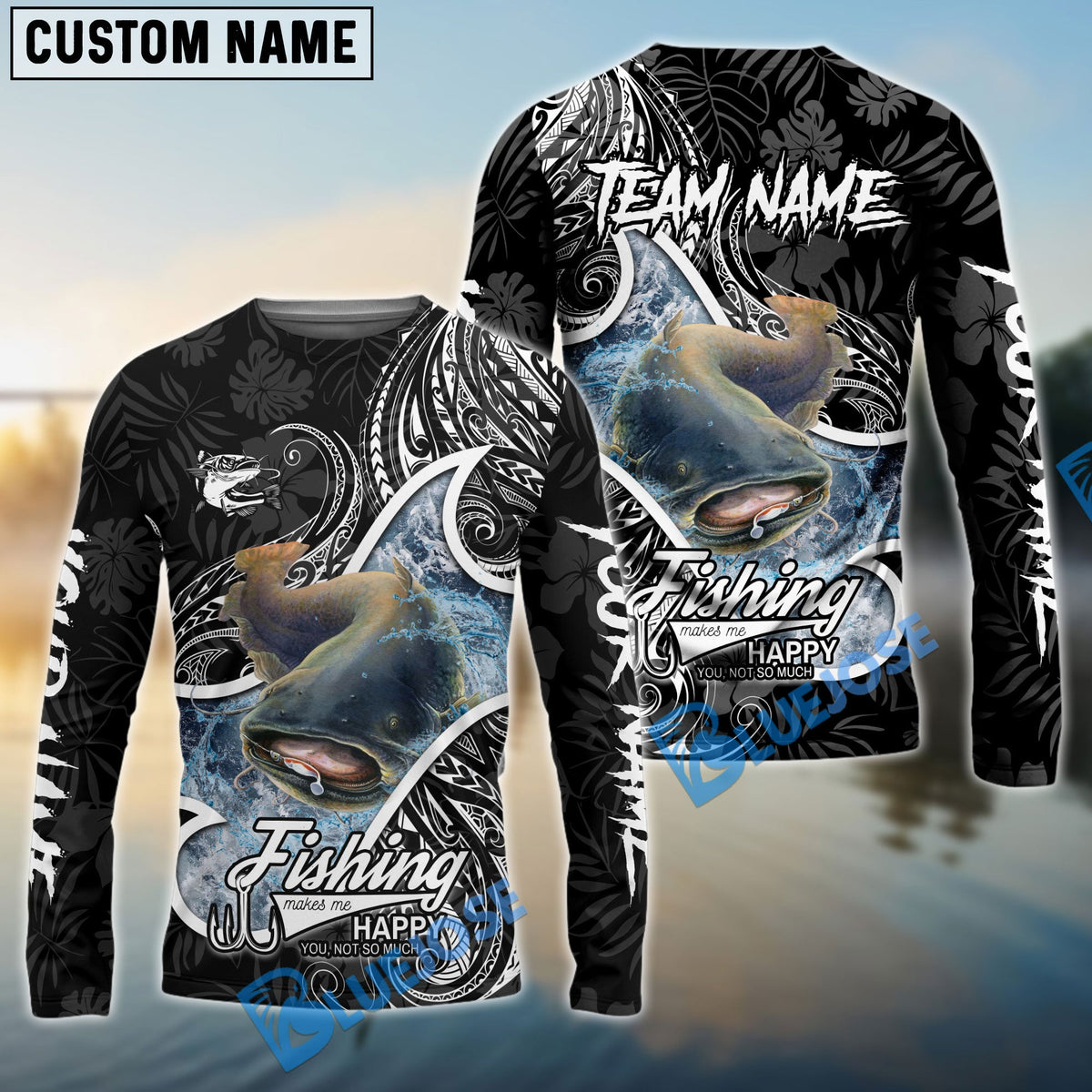 Bluejose Catfish Fishing Black White Maori Custom Name &amp; Team Name 3D Shirts