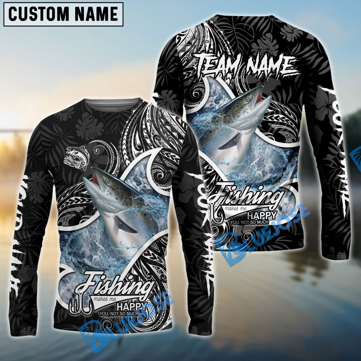 Bluejose Salmon Fishing Black White Maori Custom Name &amp; Team Name 3D Shirts