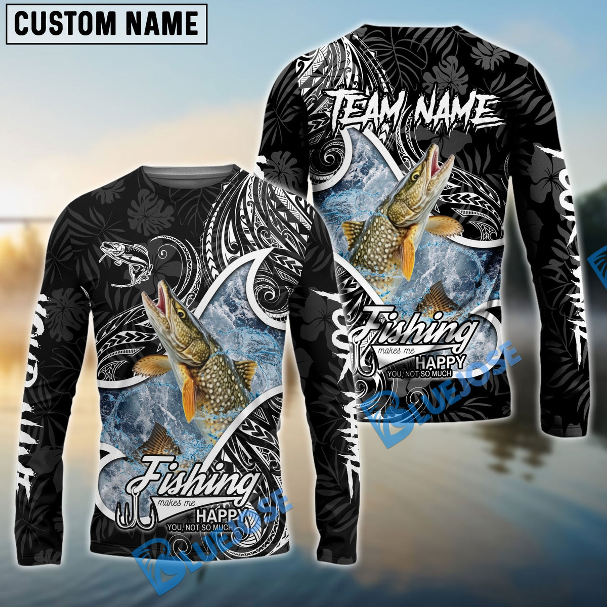 Bluejose Pike Fishing Black White Maori Custom Name &amp; Team Name 3D Shirts