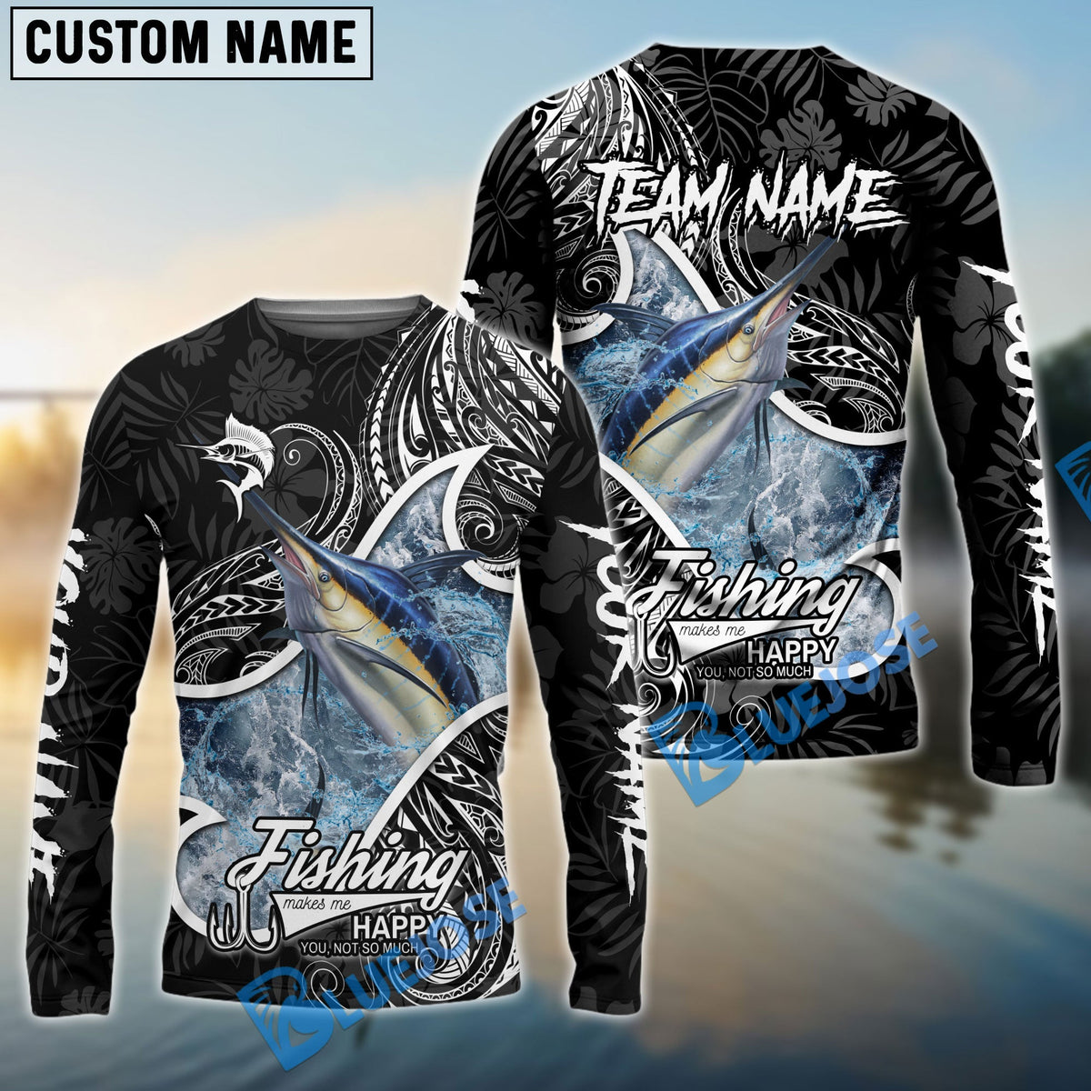 Bluejose Marlin Fishing Black White Maori Custom Name &amp; Team Name 3D Shirts
