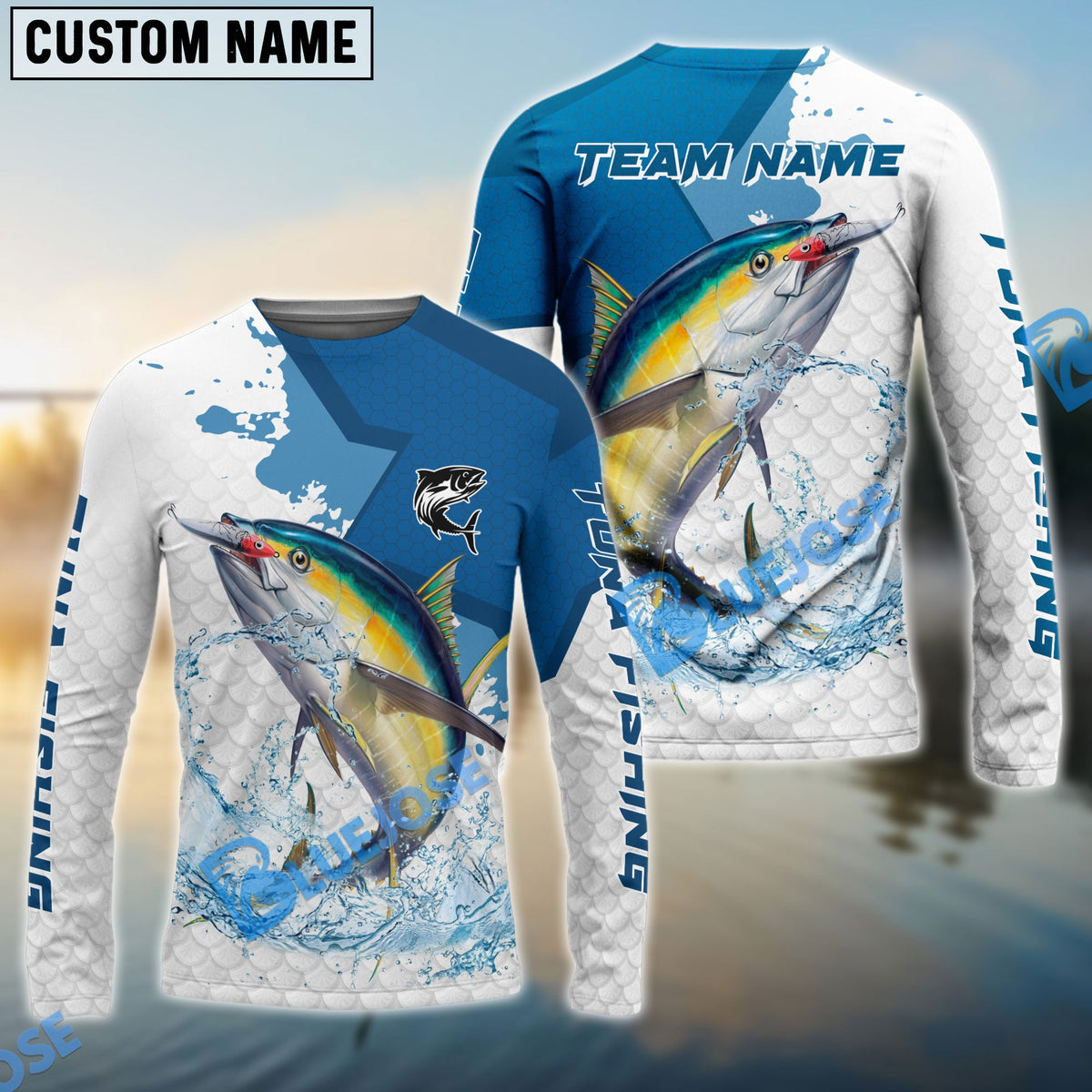 Bluejose Tuna Fishing White Fin Blue Paint Sport Custom Name &amp; Team Name 3D Shirts