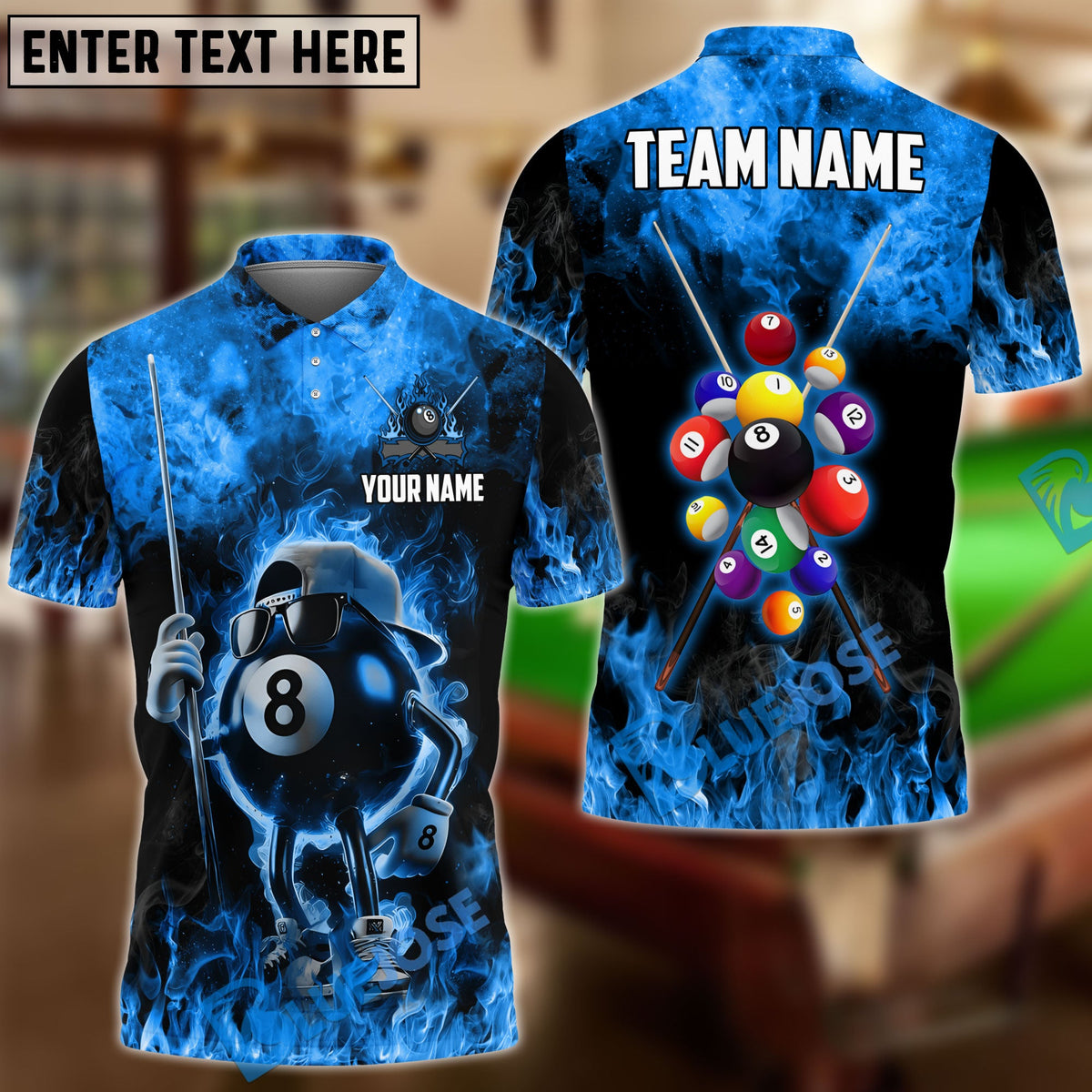 BlueJose Billiards Funny Fire 8 Ball Personalized Name &amp; Team Name Shirt (4 Colors)