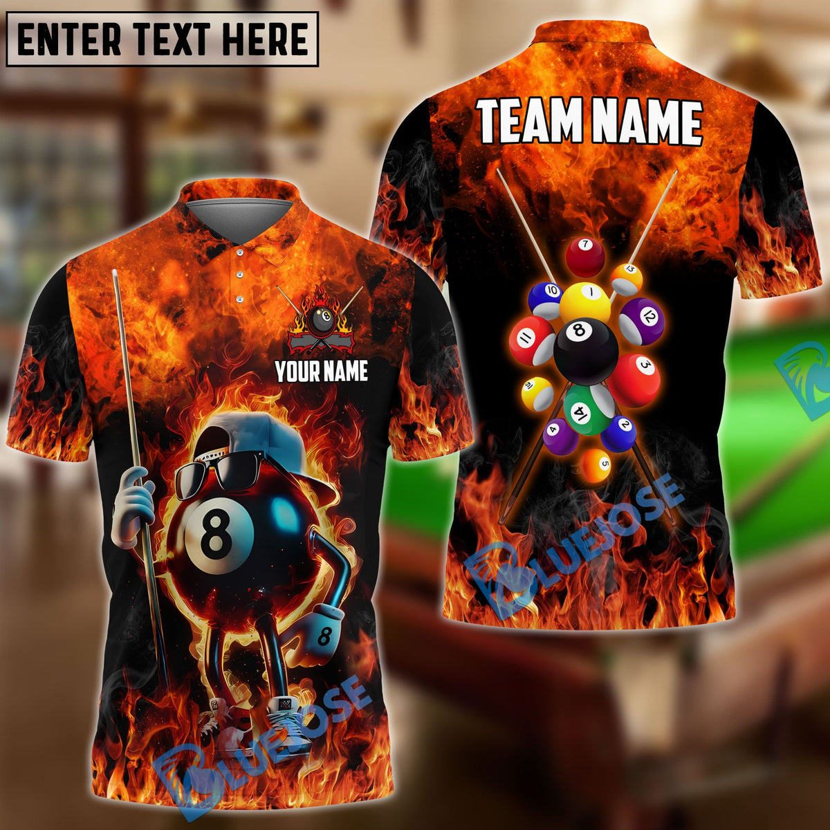 BlueJose Billiards Funny Fire 8 Ball Personalized Name & Team Name Shirt (4 Colors)