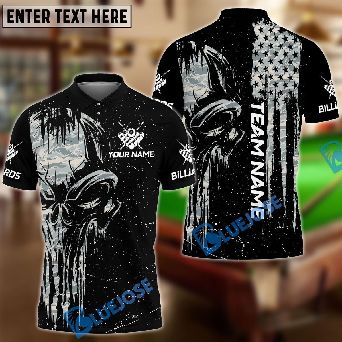 BlueJose Billiards Ball 8 Camo Punisher Skull Personalized Name &amp; Team Name Shirt (4 Colors)