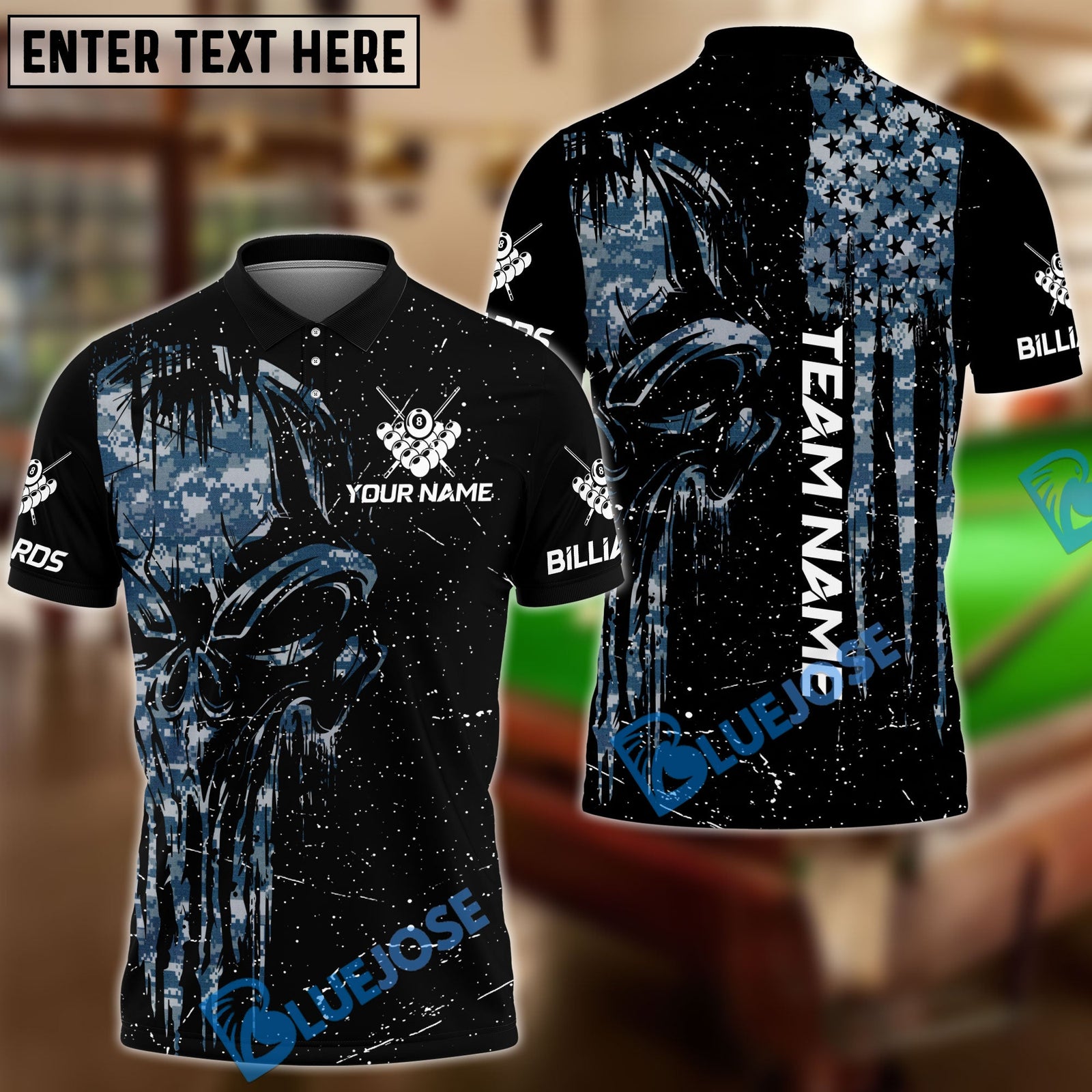 BlueJose Billiards Ball 8 Camo Punisher Skull Personalized Name & Team Name Shirt (4 Colors)