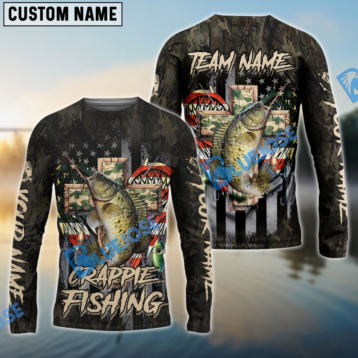 Bluejose Crappie Fishing American Flag Camo Cross Gear Custom Name &amp; Team Name 3D Shirts