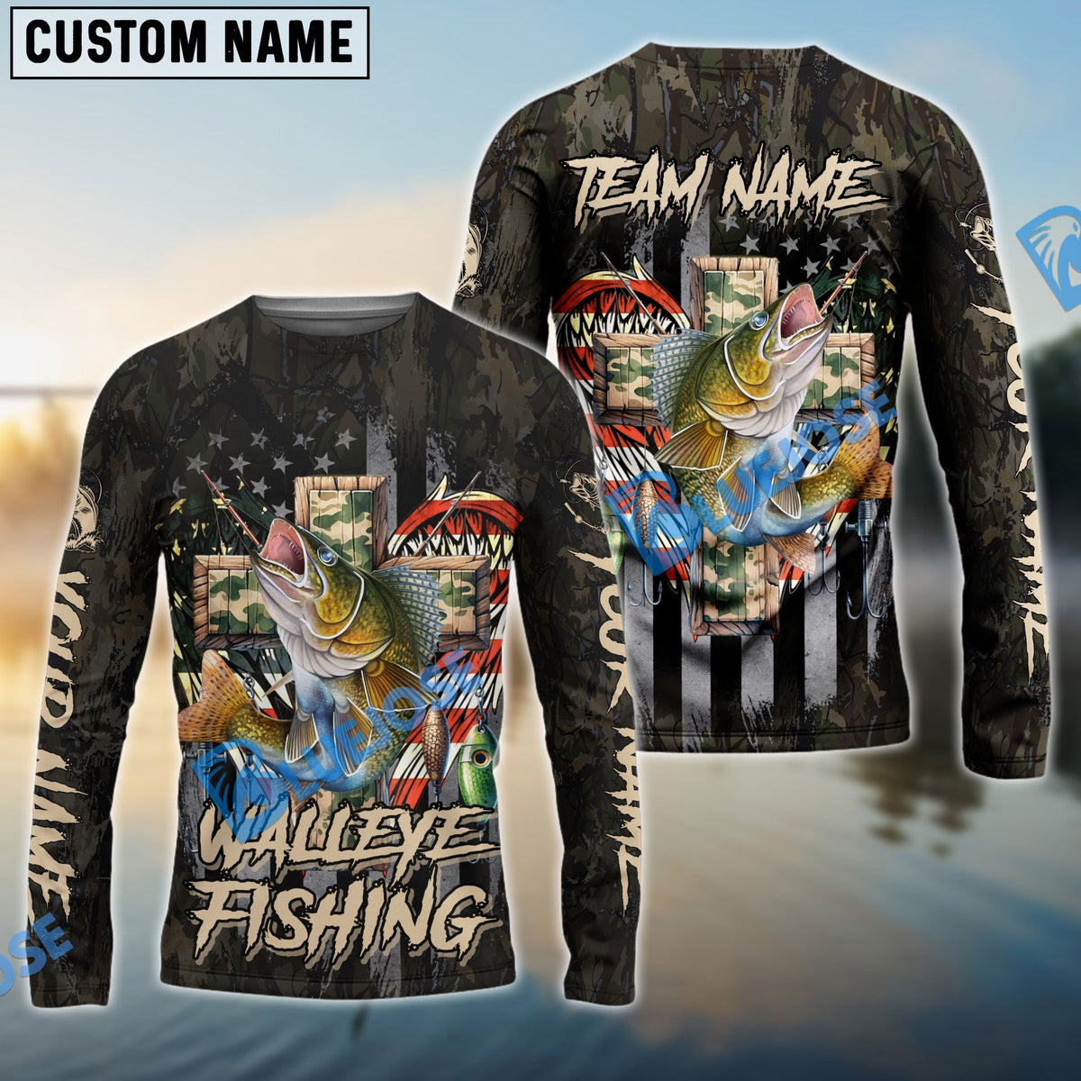 Bluejose Walleye Fishing American Flag Camo Cross Gear Custom Name &amp; Team Name 3D Shirts