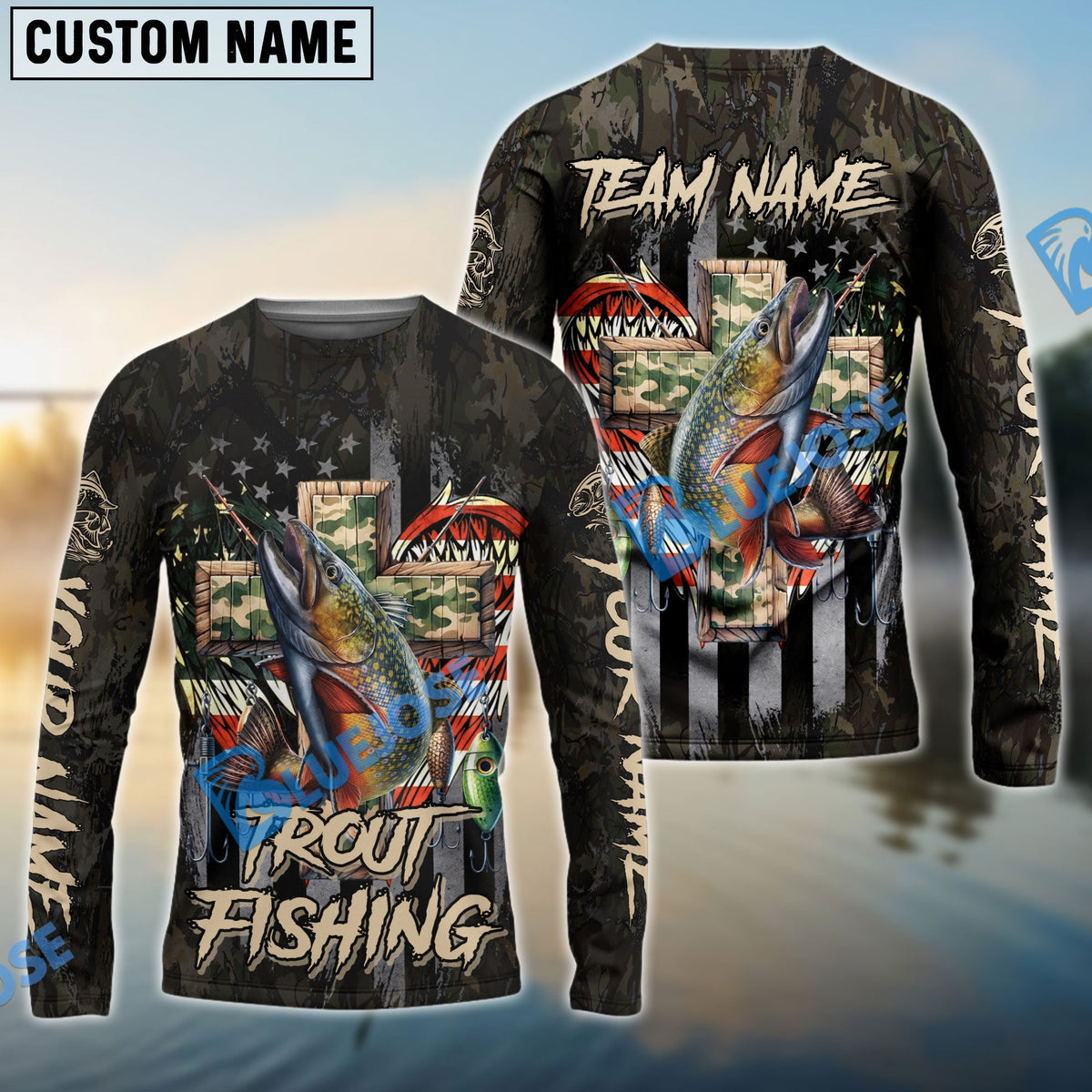 Bluejose Trout Fishing American Flag Camo Cross Gear Custom Name &amp; Team Name 3D Shirts