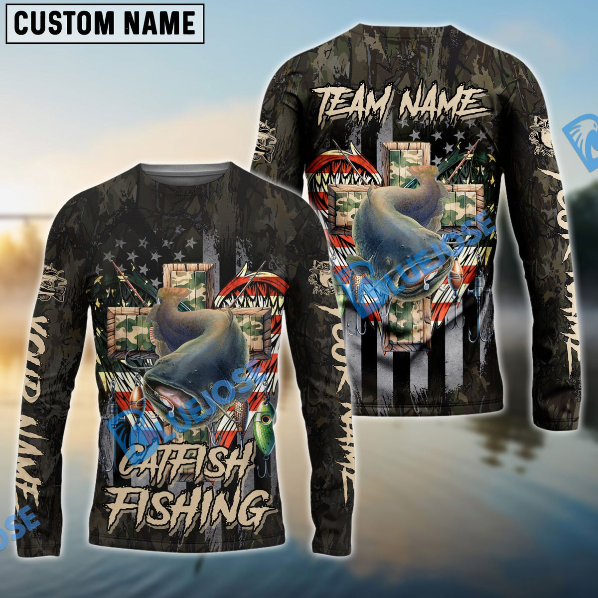 Bluejose Catfish Fishing American Flag Camo Cross Gear Custom Name &amp; Team Name 3D Shirts