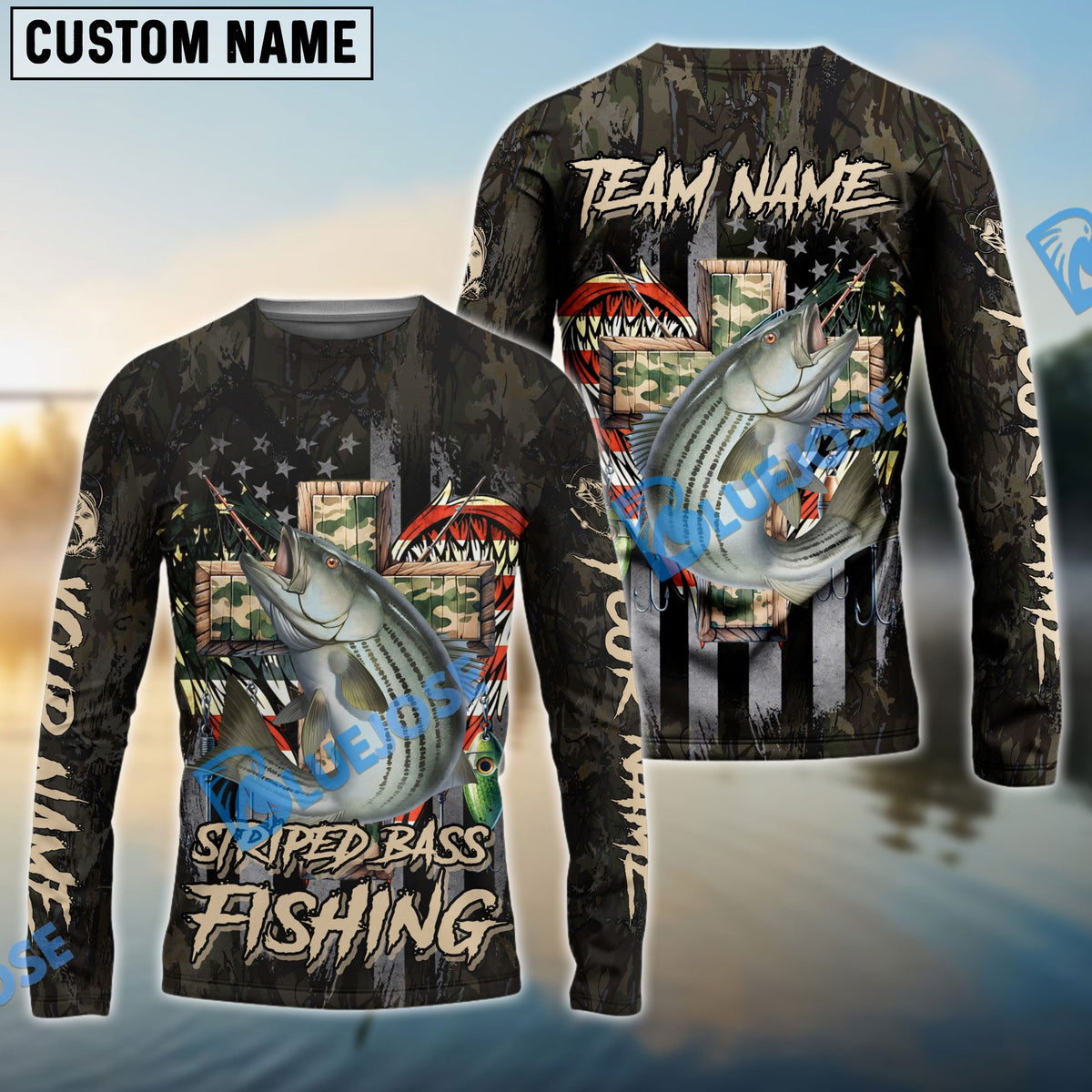 Bluejose Striped Bass Fishing American Flag Camo Cross Gear Custom Name &amp; Team Name 3D Shirts