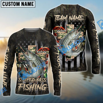 Bluejose Striped Bass Fishing American Flag Camo Cross Gear Custom Name & Team Name 3D Shirts