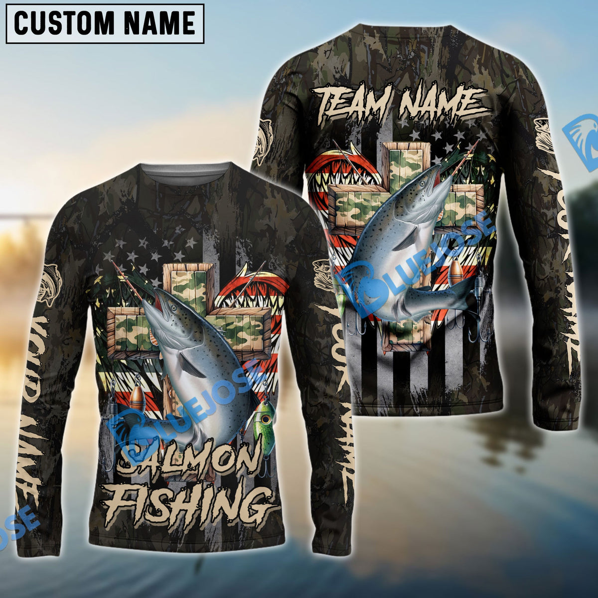 Bluejose Salmon Fishing American Flag Camo Cross Gear Custom Name &amp; Team Name 3D Shirts