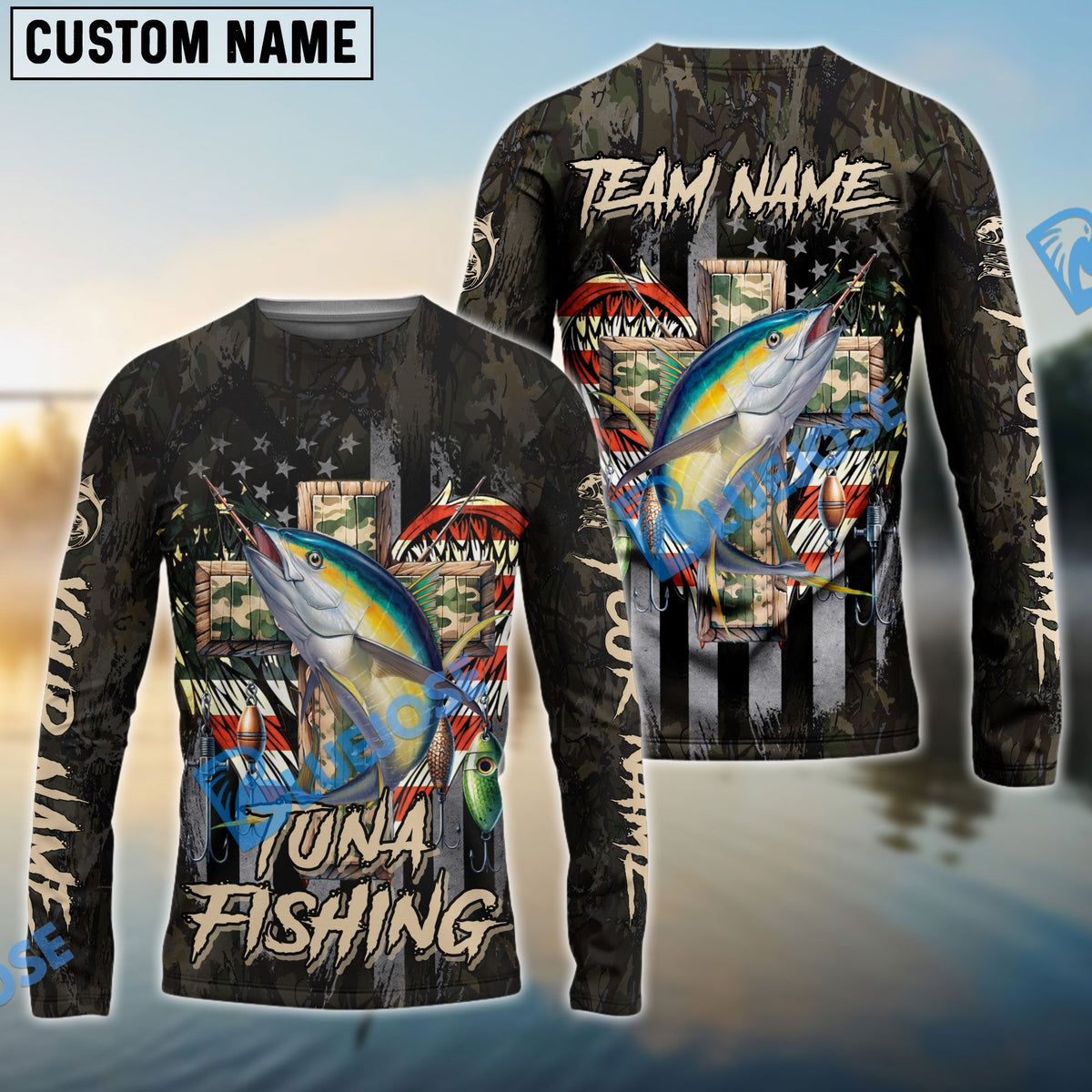 Bluejose Tuna Fishing American Flag Camo Cross Gear Custom Name &amp; Team Name 3D Shirts