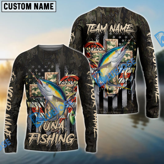 Bluejose Tuna Fishing American Flag Camo Cross Gear Custom Name & Team Name 3D Shirts