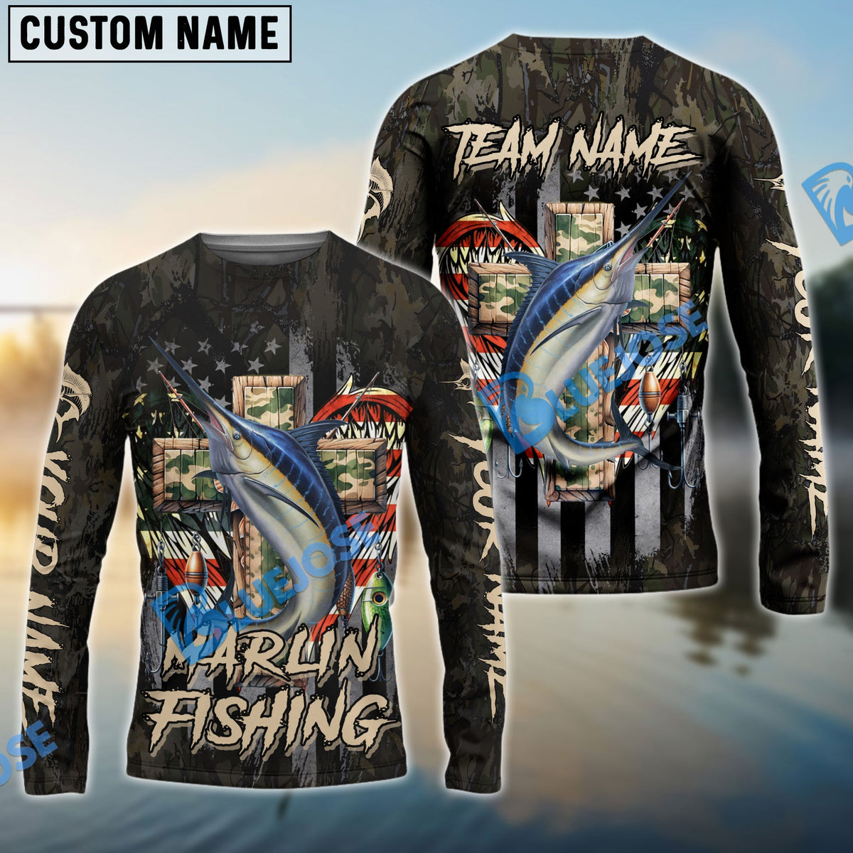 Bluejose Marlin Fishing American Flag Camo Cross Gear Custom Name &amp; Team Name 3D Shirts