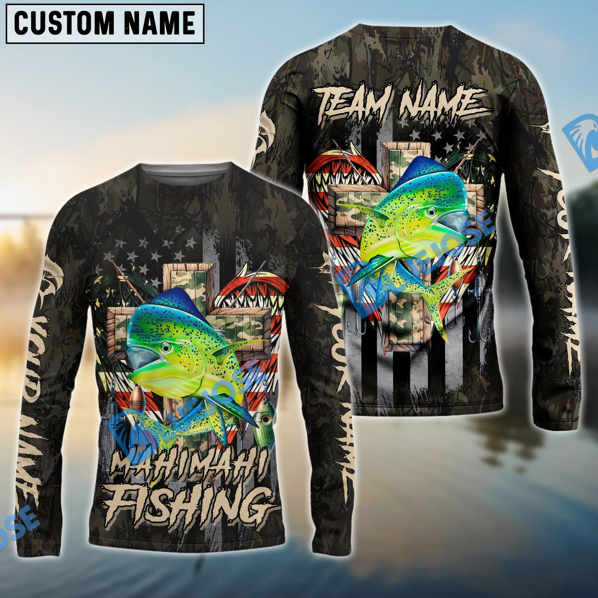 Bluejose Mahi-mahi Fishing American Flag Camo Cross Gear Custom Name &amp; Team Name 3D Shirts