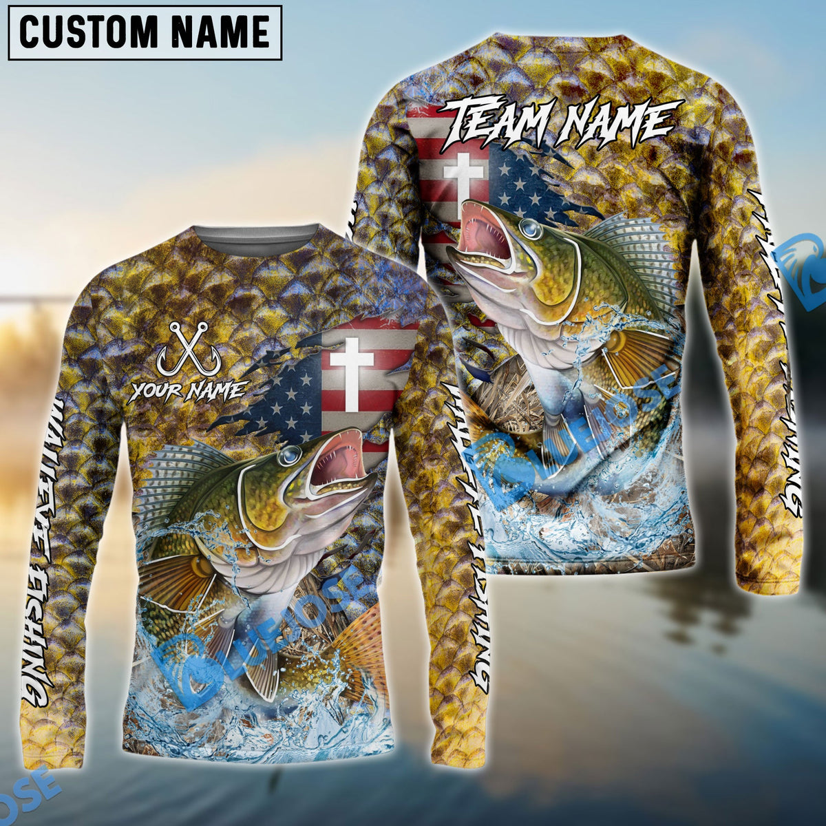 Bluejose Walleye Fishing American Flag Camo Cross Skin Custom Name &amp; Team Name 3D Shirts