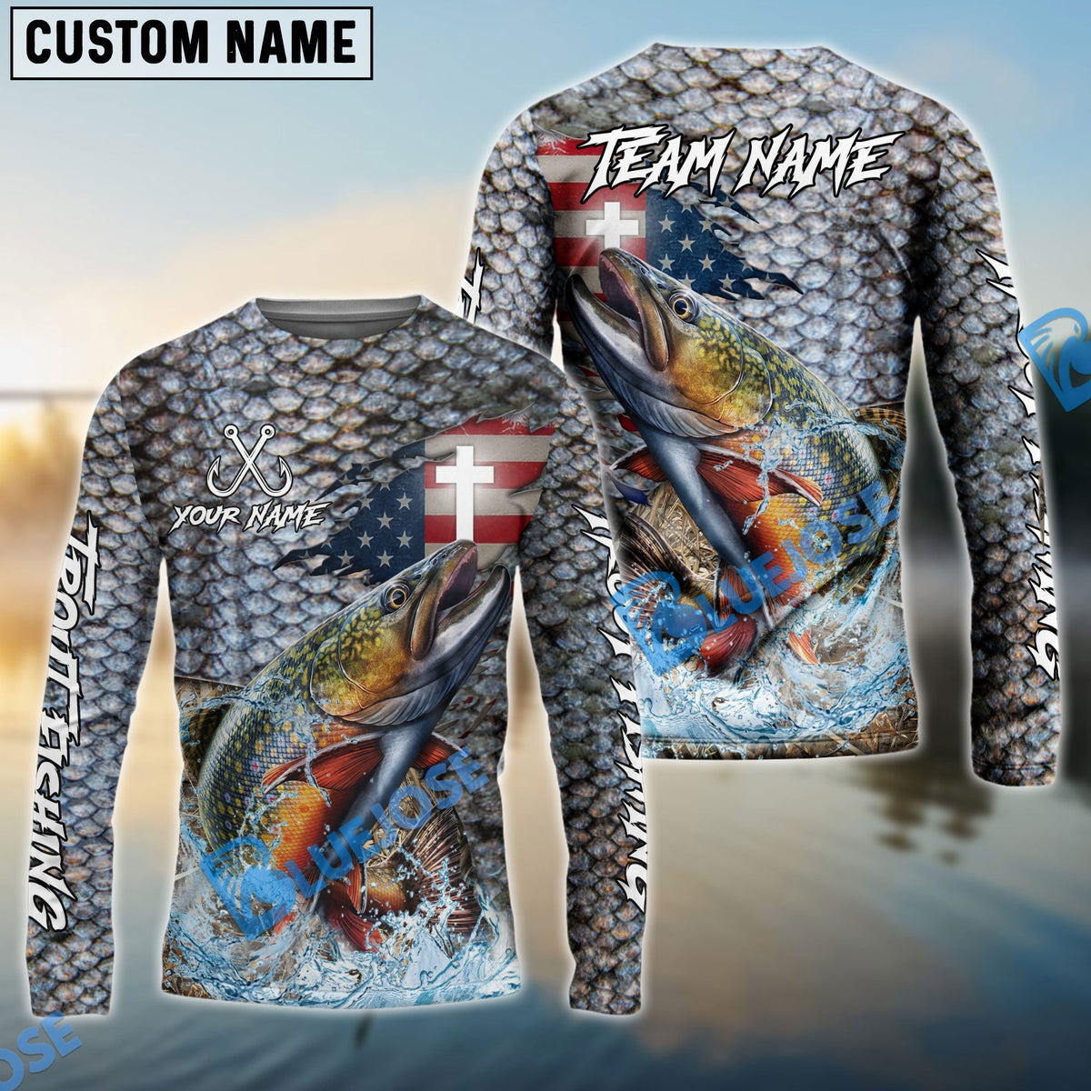 Bluejose Trout Fishing American Flag Camo Cross Skin Custom Name &amp; Team Name 3D Shirts