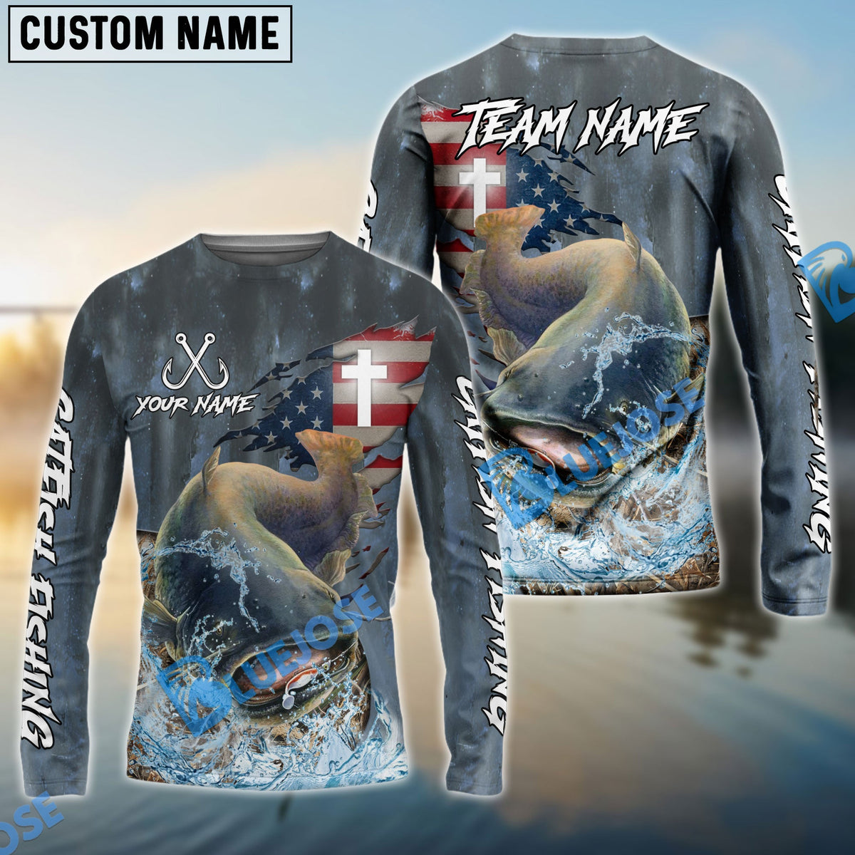 Bluejose Catfish Fishing American Flag Camo Cross Skin Custom Name &amp; Team Name 3D Shirts