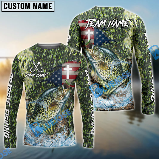 Bluejose Crappie Fishing American Flag Camo Cross Skin Custom Name & Team Name 3D Shirts