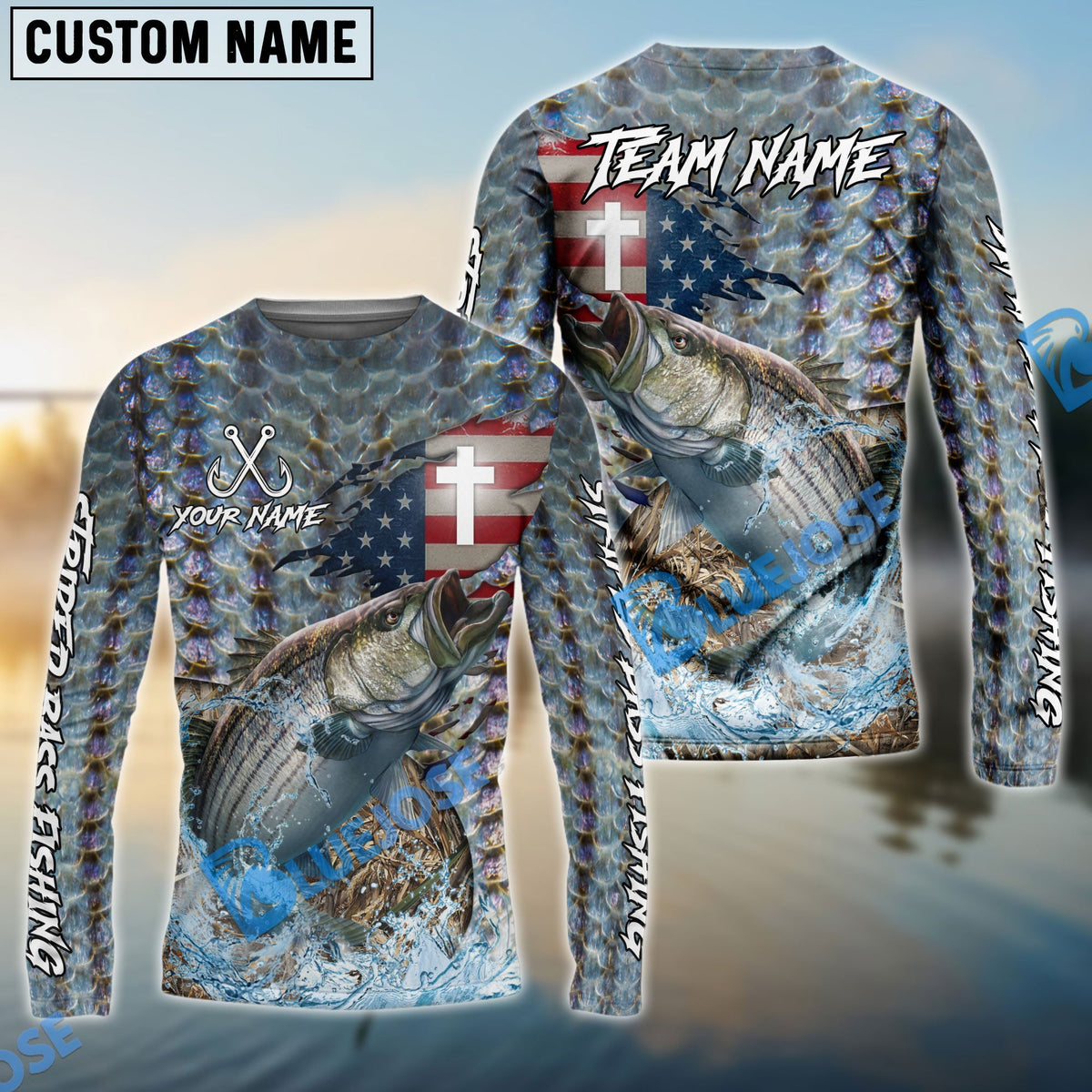 Bluejose Striped Bass Fishing American Flag Camo Cross Skin Custom Name &amp; Team Name 3D Shirts