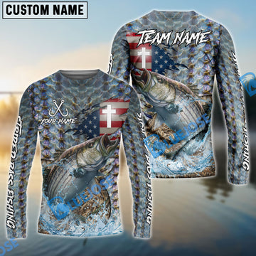 Bluejose Striped Bass Fishing American Flag Camo Cross Skin Custom Name & Team Name 3D Shirts