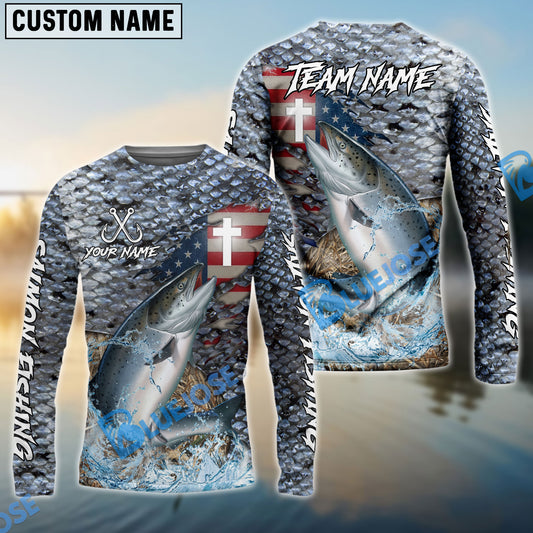 Bluejose Salmon Fishing American Flag Camo Cross Skin Custom Name & Team Name 3D Shirts
