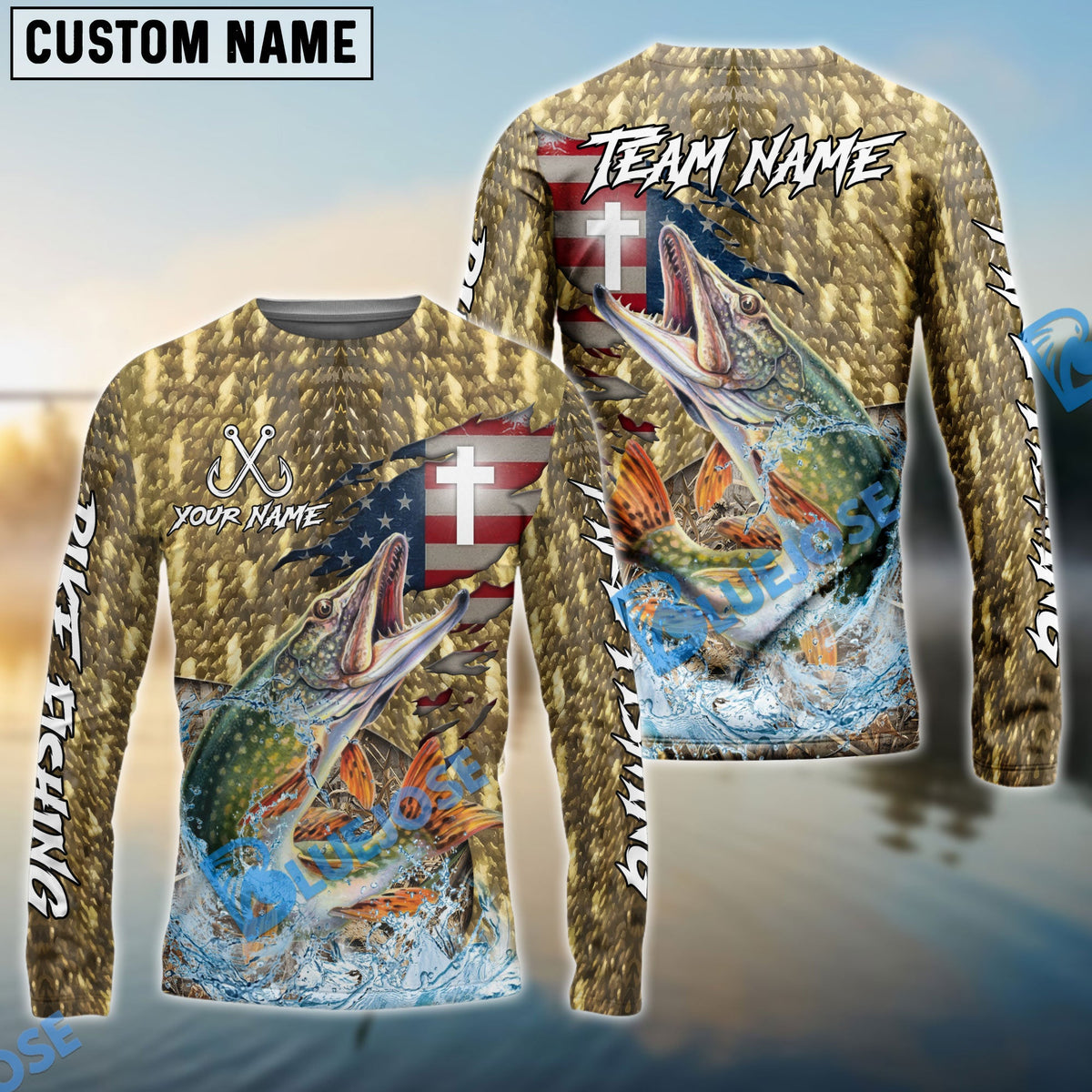 Bluejose Pike Fishing American Flag Camo Cross Skin Custom Name &amp; Team Name 3D Shirts