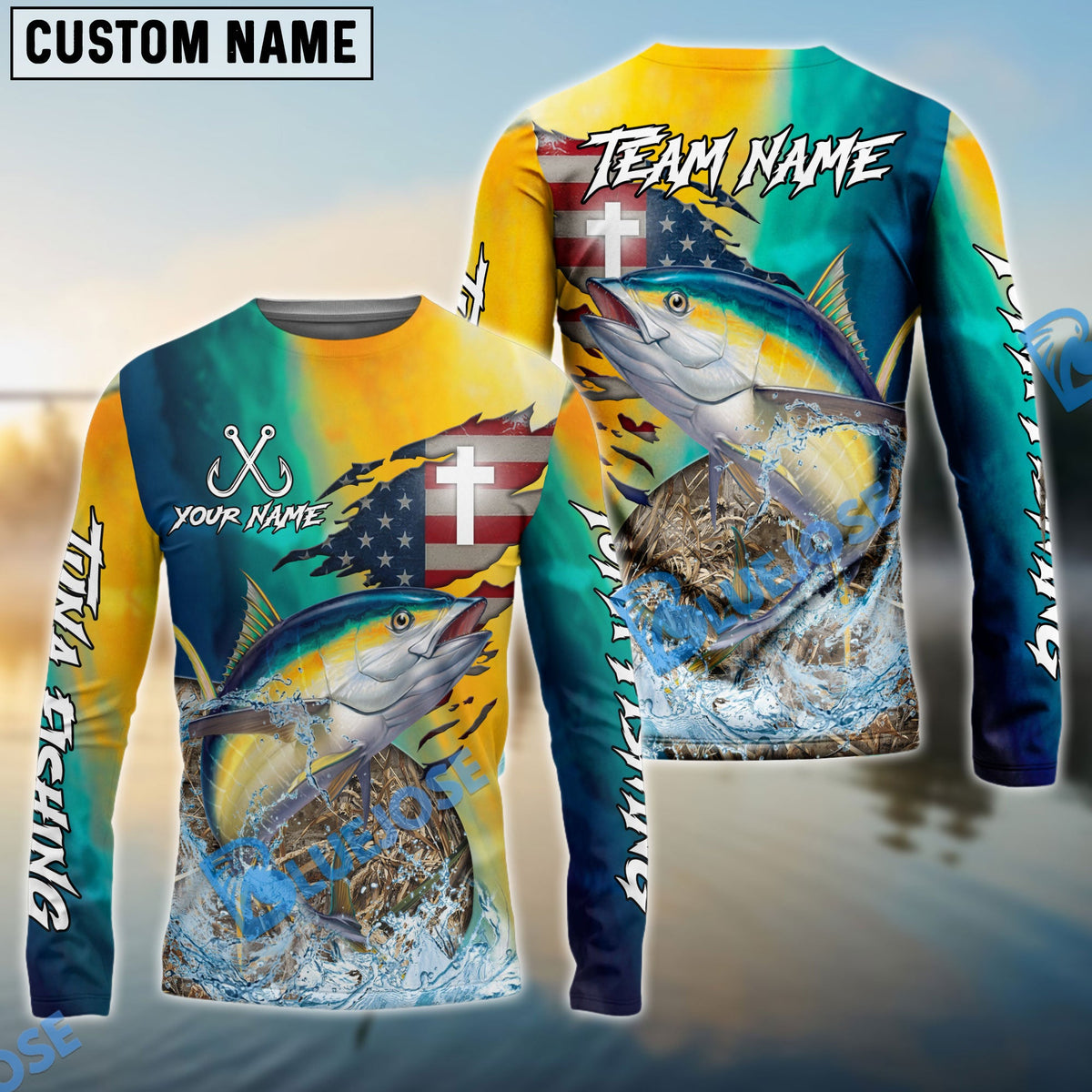 Bluejose Tuna Fishing American Flag Camo Cross Skin Custom Name &amp; Team Name 3D Shirts