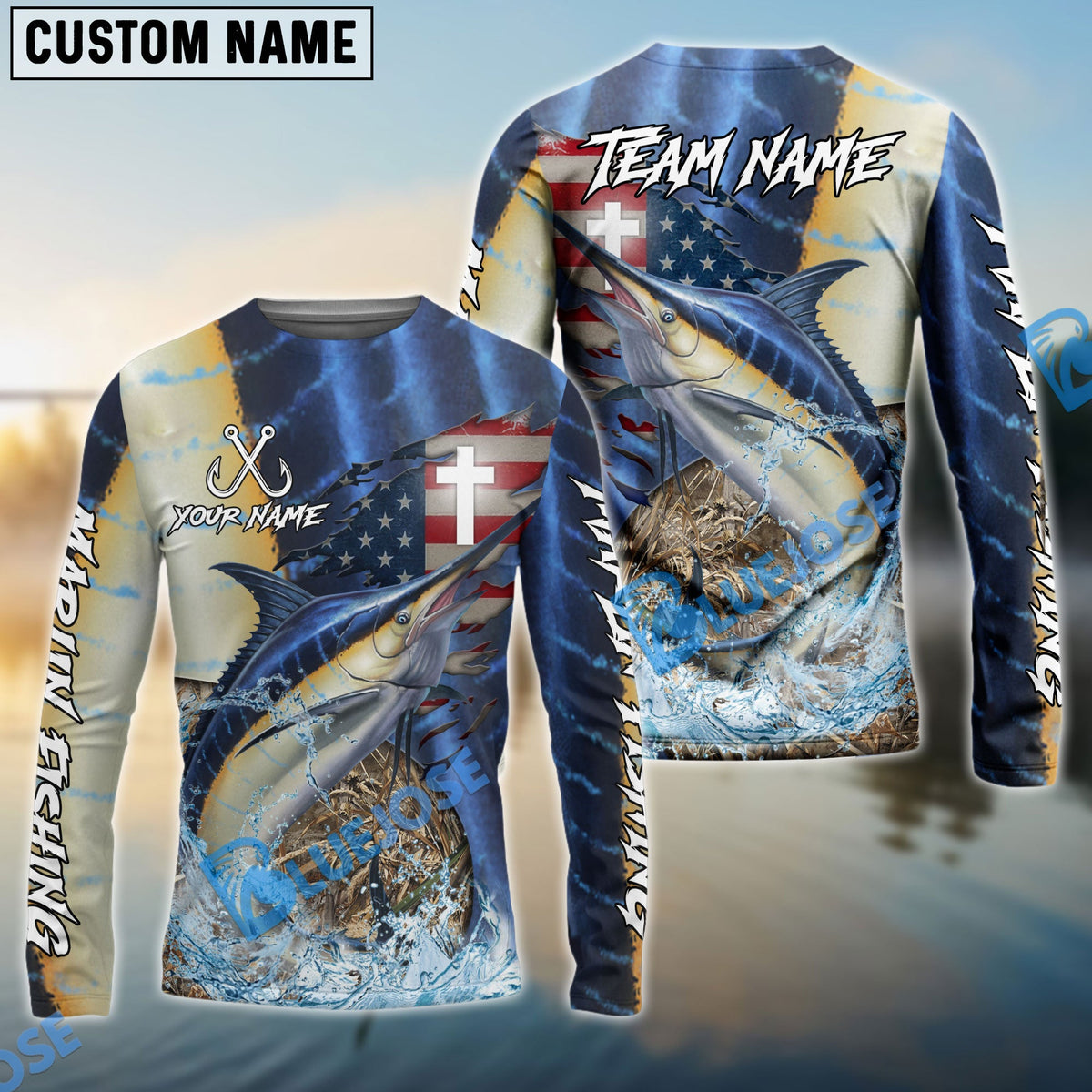 Bluejose Marlin Fishing American Flag Camo Cross Skin Custom Name &amp; Team Name 3D Shirts