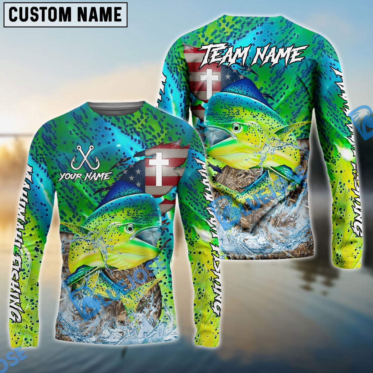 Bluejose Mahimahi Fishing American Flag Camo Cross Skin Custom Name &amp; Team Name 3D Shirts
