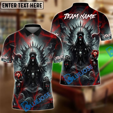 BlueJose Billiards Ball 8 Pool Skull Hell Throne Personalized Name & Team Name Shirt (4 Colors)