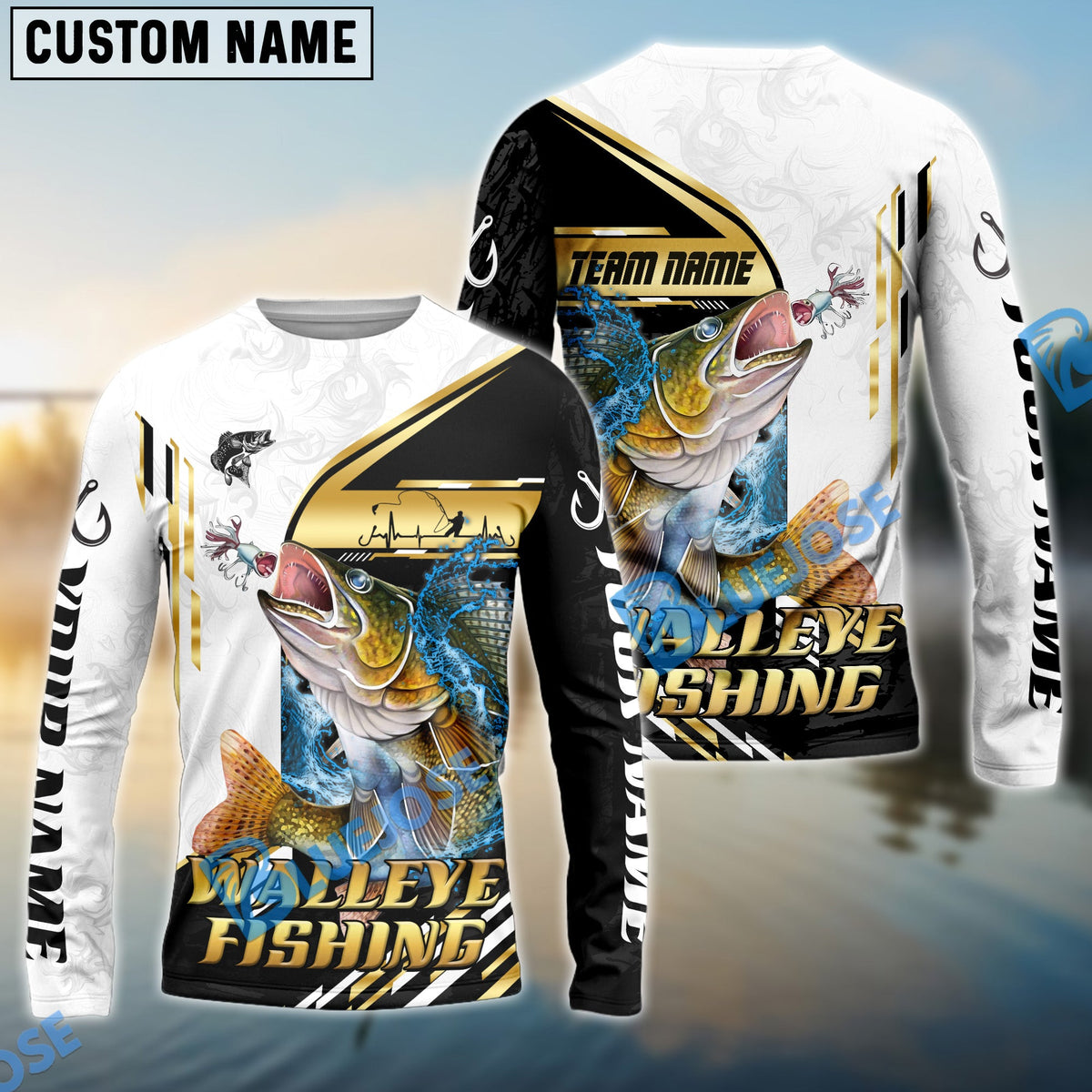 Bluejose Walleye Fishing Hook Graphic &amp; Jumping Fish Art Custom Name &amp; Team Name 3D Shirts