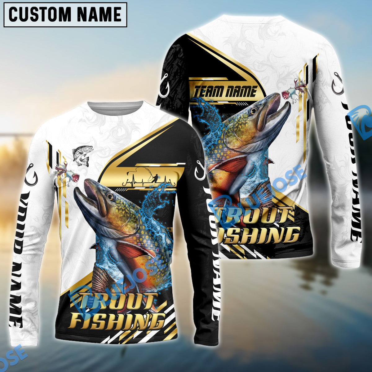 Bluejose Trout Fishing Hook Graphic &amp; Jumping Fish Art Custom Name &amp; Team Name 3D Shirts