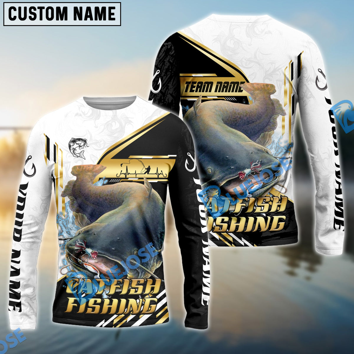 Bluejose Catfish Fishing Hook Graphic &amp; Jumping Fish Art Custom Name &amp; Team Name 3D Shirts