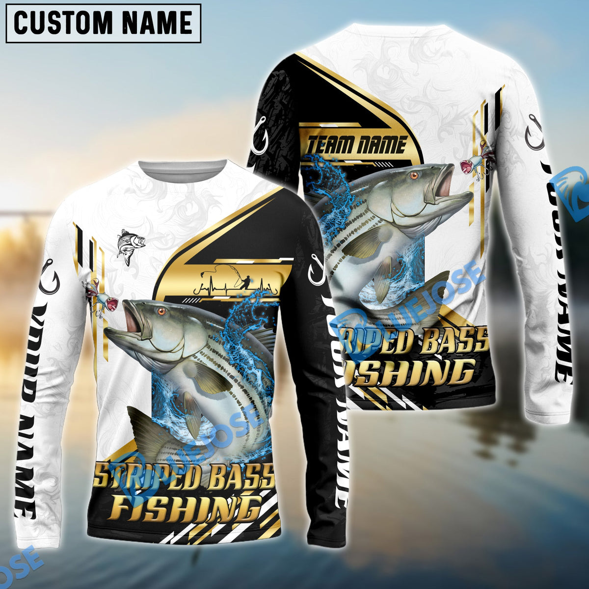 Bluejose Striped Bass Fishing Hook Graphic &amp; Jumping Fish Art Custom Name &amp; Team Name 3D Shirts