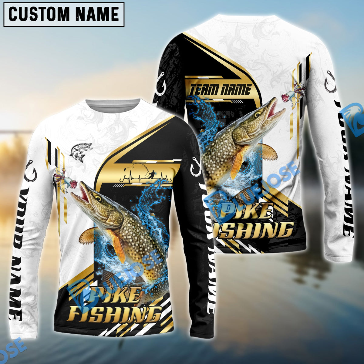 Bluejose Pike Fishing Hook Graphic &amp; Jumping Fish Art Custom Name &amp; Team Name 3D Shirts